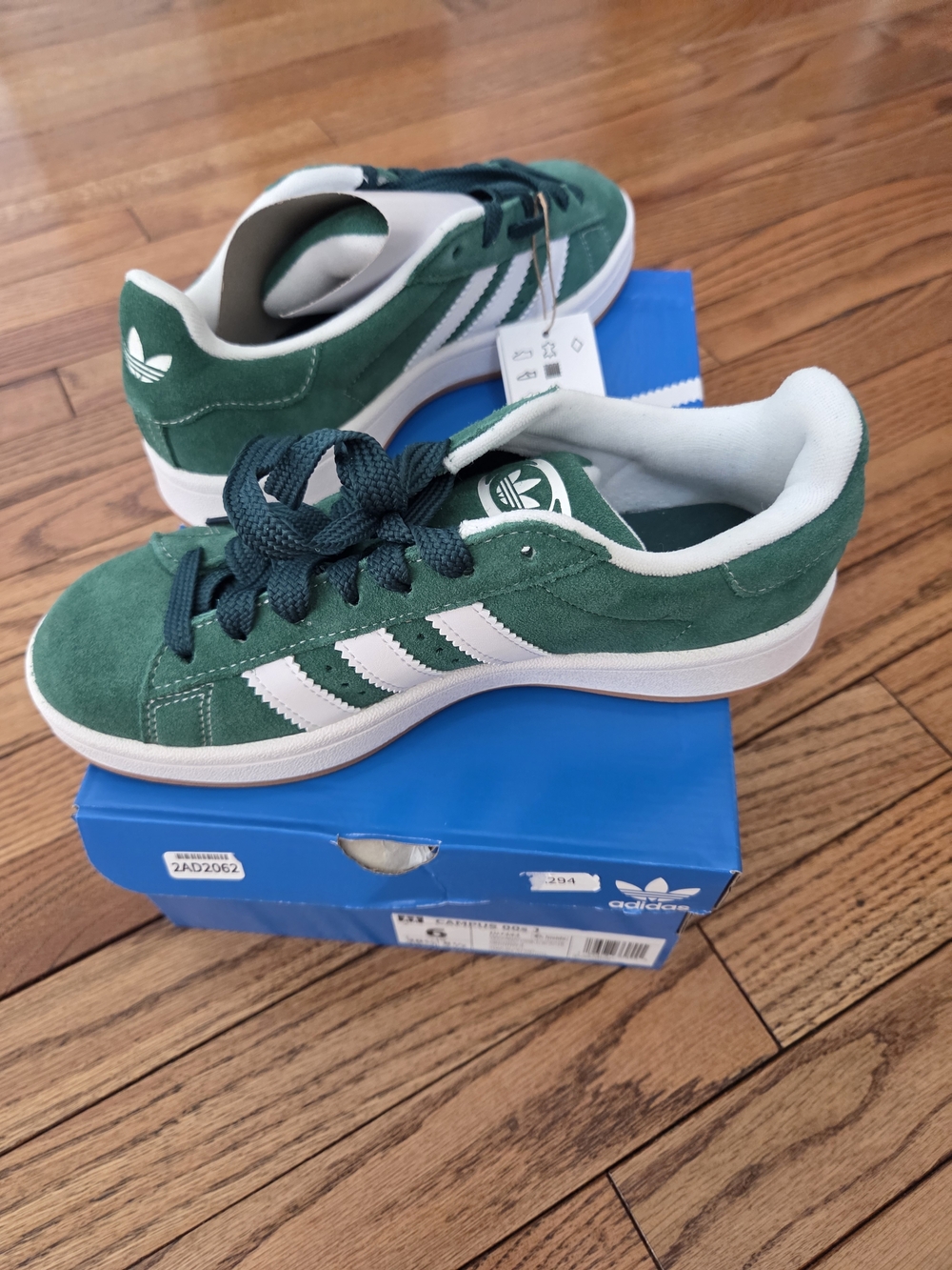 6Y/7.5W Adidas Kids Green Suede Sneakers with White Stripes